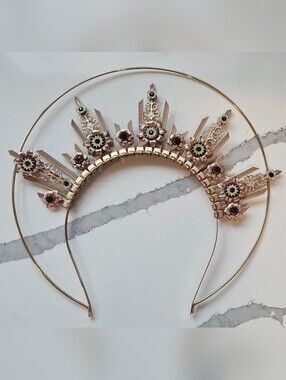 Gold-Tone Bridal Halo Crown — Emerald Rhinestones, Art Deco Sunburst Design